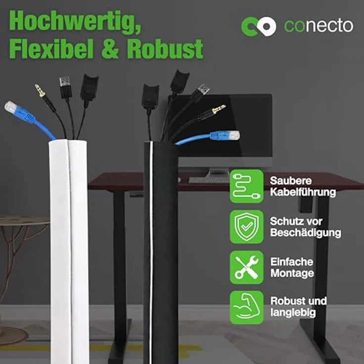 conecto Neopren Kabelschlauch mit Klettverschluss universell Kabelkanal Kabelmanagement Kabelorganizer Kabelführung schwarz-weiß, 1,5m – Bild 7
