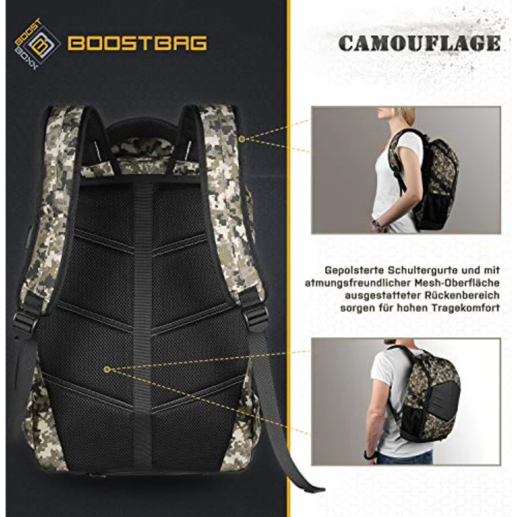 BoostBag Camouflage Backpack - Boostboxx Rucksack in urbanem Camouflage-Look für Laptop/Notebook bis 17,3" und Handy, perfekt für Schule, Studium oder Beruf – Bild 4