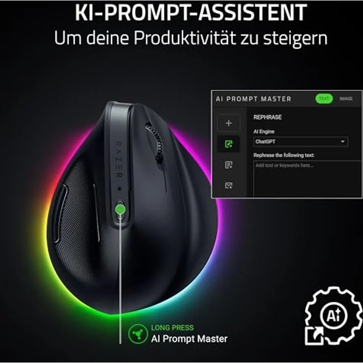 Razer Pro Click V2 Vertical, Ergonomische kabellose Maus für Rechtshänder, 30K Optical Sensor, bis zu 6 Monate Akku, Chroma RGB, 9 Tasten, Schwarz – Bild 3