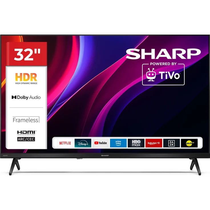 Sharp 32HE2245E, 32 Zoll HD Ready LED Fernseher mit TiVo Smart TV, HDR10, Triple Tuner und HDMI ARC, rahmenlos