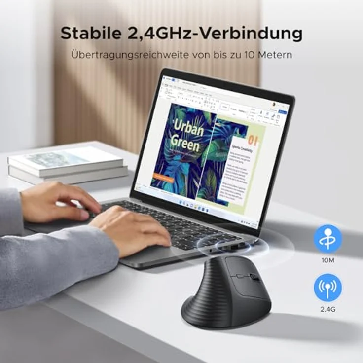 UGREEN Vertikale Ergonomische Maus, Kabellos 2.4G für Windows/Mac OS, 1000/1600/2000/4000 DPI, 6 Tasten, Schwarz – Bild 3