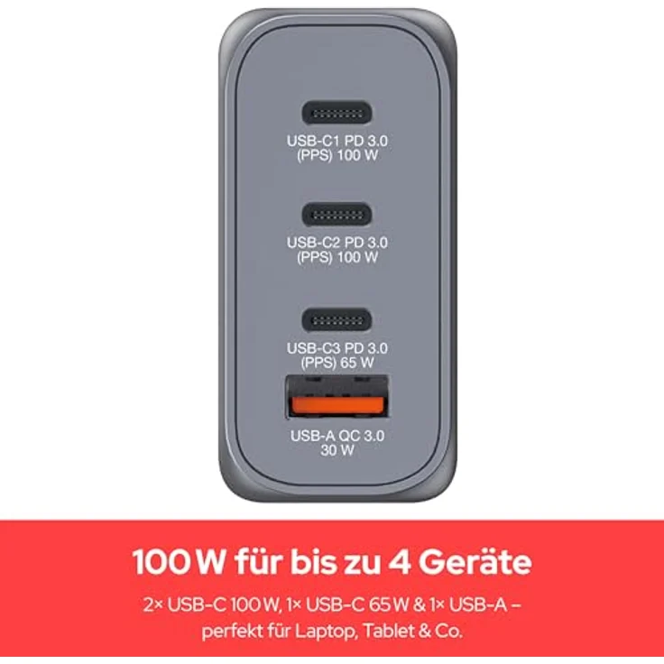 Verbatim GNC-100 GaN Charger, 100 W USB Ladegerät mit 4 Anschlüssen, Grau – Bild 4