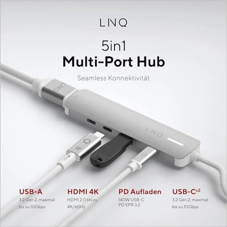 LINQ Connects 5-in-1 Pro-C Multiport-Hub mit 4K HDMI - 10Gbps - Geeignet für Laptops und Tablets, Kompaktes und handliches Design, kristallklare Bildqualität - Schwarz – Bild 2
