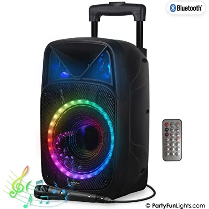 PartyFunLights Karaoke-Party-Lautsprecher - Bluetooth - Mikrofon - Fernbedienung - Handle & Wheels - (605603) – Bild 2