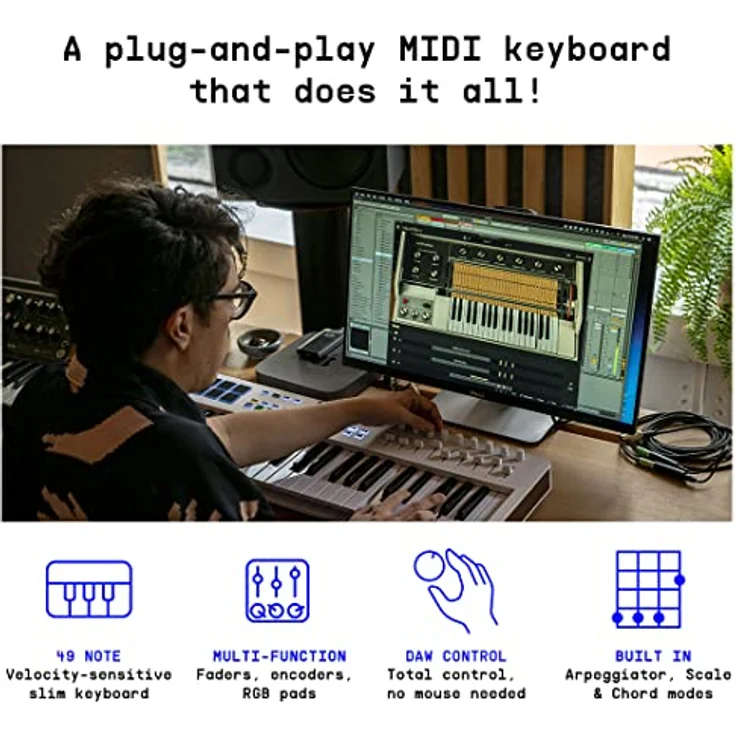 Arturia - KeyLab Essential 49 mk3 - MIDI Controller-Keyboard für die Musikproduktion - 49 Tasten, 9 Drehregler, 9 Fader, ein Modulationsrad, ein Pitch-Bend-Rad, 8 Pads - Weiß – Bild 4
