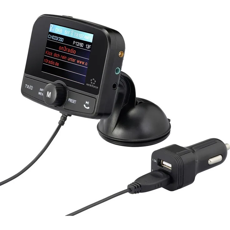 Renkforce RF-CRDAB-100, DAB+ Empfänger mit Saugnapfhalterung, Bluetooth und TFT-Farbmonitor, 60 Senderspeicher
