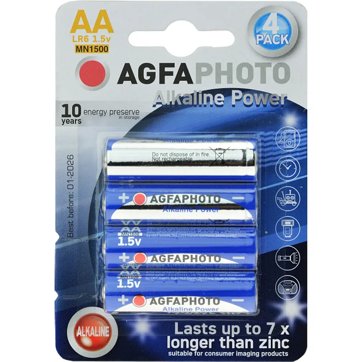 AgfaPhoto Power Alkaline-Batterie LR06/AA, 1,5 V, 4 Stück im Blister, lange Energiereserve bis zu 10 Jahre