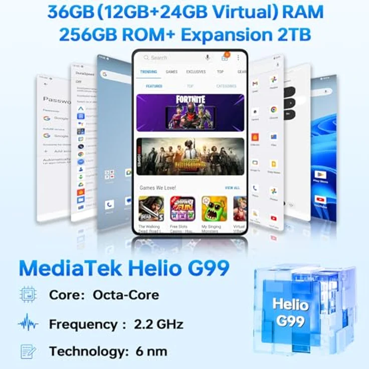 OUKITEL OT5 Tablet 12 Zoll - 36(12+24) GB RAM +256GB ROM (2TB TF) Helio G99 Octa-Core Tablet Android 13, 11000mAh Gaming Tablet, 2K Display, 16MP+5MP Dual SIM Tablet PC, 4G LTE/5G WiFi/TÜV/GPS, Grau – Bild 2