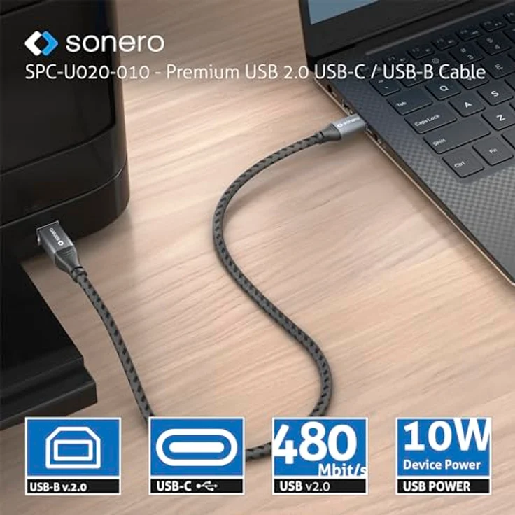Sonero USB 2.0 Kabel, Verbindungskabel C-Stecker auf B-Stecker, 480 MB/s, space grey/schwarz, 1,00m – Bild 5
