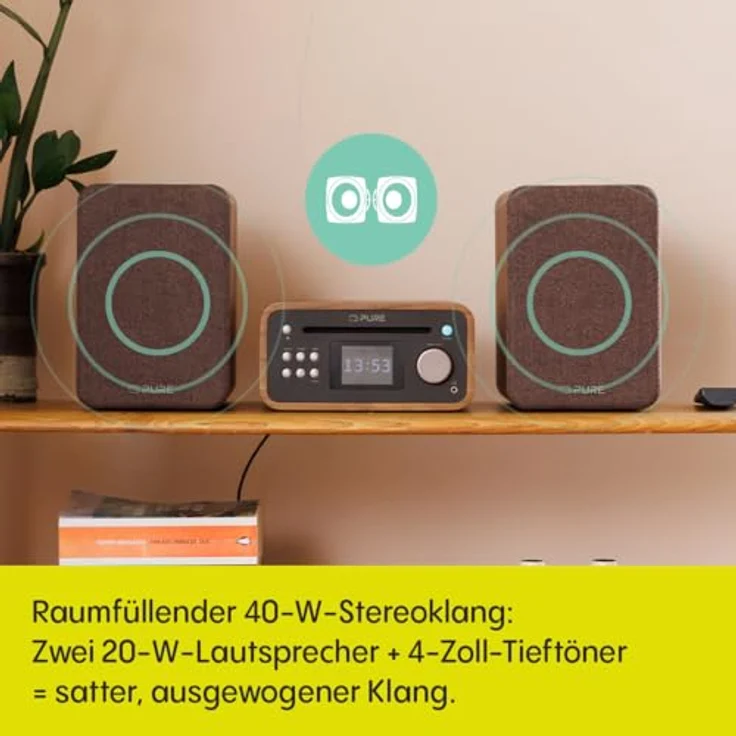 PURE Classic Stereo Mini Kompaktanlage, DAB+ & FM-Radio, CD-Player, Bluetooth 5.3, 2x20W Lautsprecher, braun – Bild 2