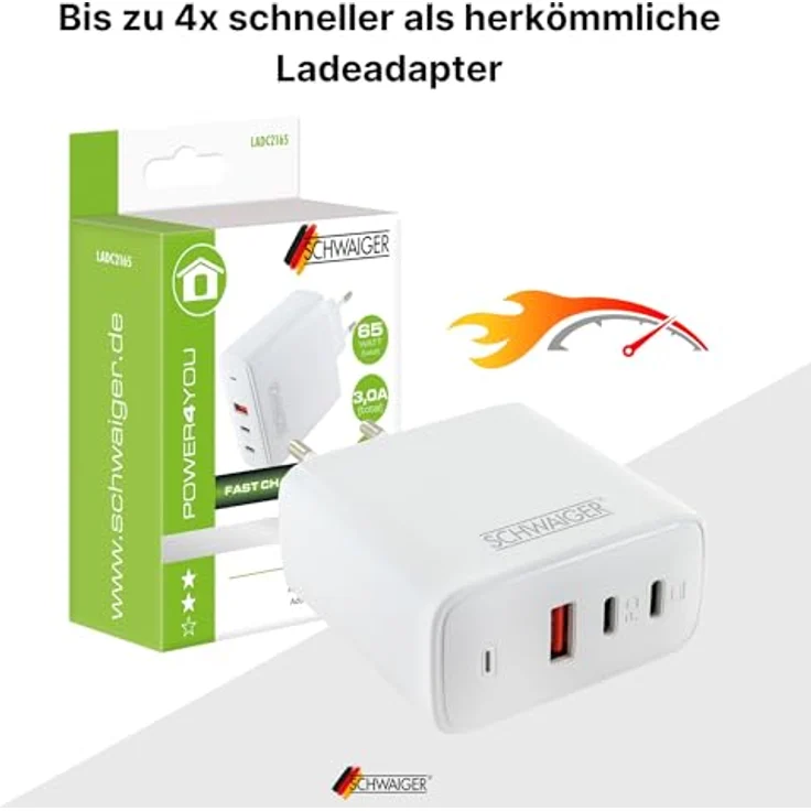SCHWAIGER LADC2165 Schnell-Ladeadapter 65W mit 2x USB-C & USB-A, Netzteil mit Eurostecker und Status LED, kompatibel mit iPhone, Samsung, MacBook, Laptop, Tablet & Smartphone – Bild 5
