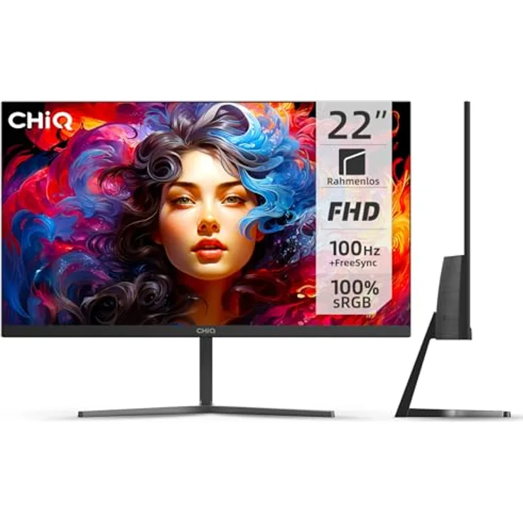 CHIQ 22F650 Monitor, 22 Zoll FHD (1920 x 1080), 100 Hz, Adaptive-Sync, 100% sRGB, HDMI, VGA, VESA, rahmenlos, ultradünn