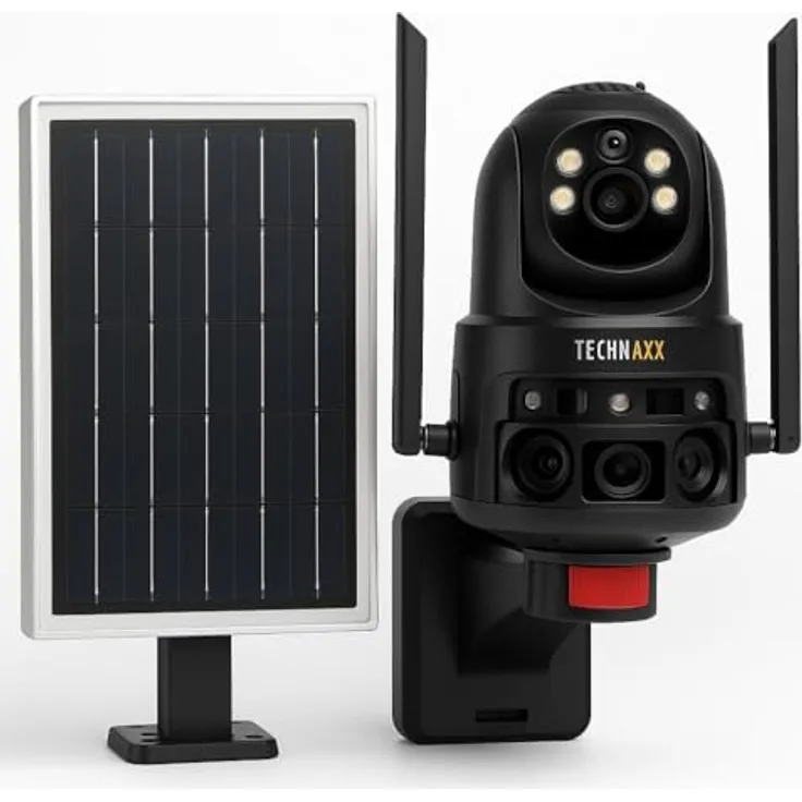 Technaxx TX-329, 4G Dual-Kamera Außen-Sicherheitskamera mit 8W Solarpanel, 3MP FullHD, 345° Rotation, Nachtsicht, 8000mAh Akku, PIR-Bewegungssensor, 2-Wege-Audio, IP65, 0,4s Auslösezeit