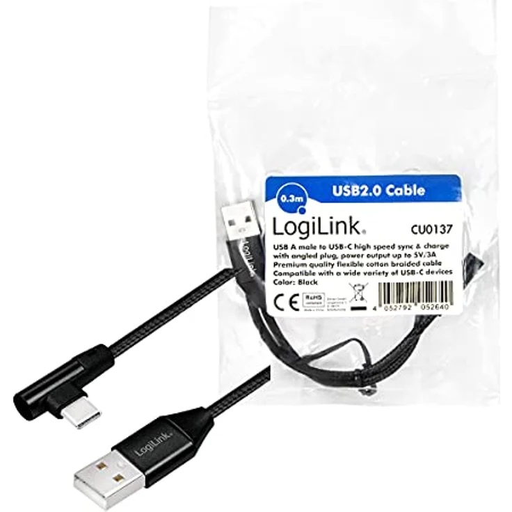 Logilink - USB-Kabel - USB-C (M) gewinkelt bis USB (M) gerade - USB 2.0 - 5 V - 3 A - 30 cm - Schwarz (CU0137) – Bild 10
