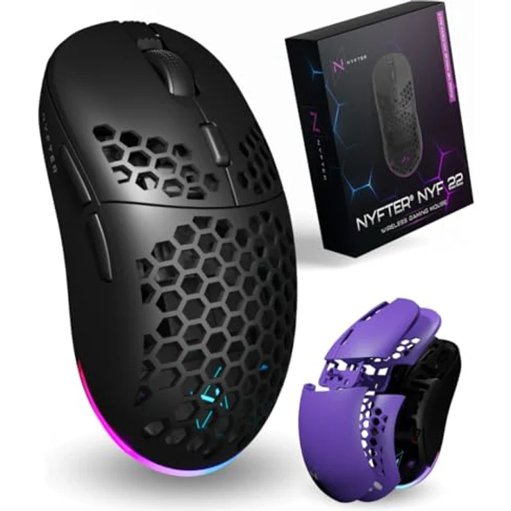 Nyfter NYF22 Wireless Gaming Mouse Ultraleicht 75g mit 400mA 19K DPI, 400 IPS 1000 hz 50h Akkulaufzeit inkl. Zwei wechselbare Cases, Schwarz – Bild 1