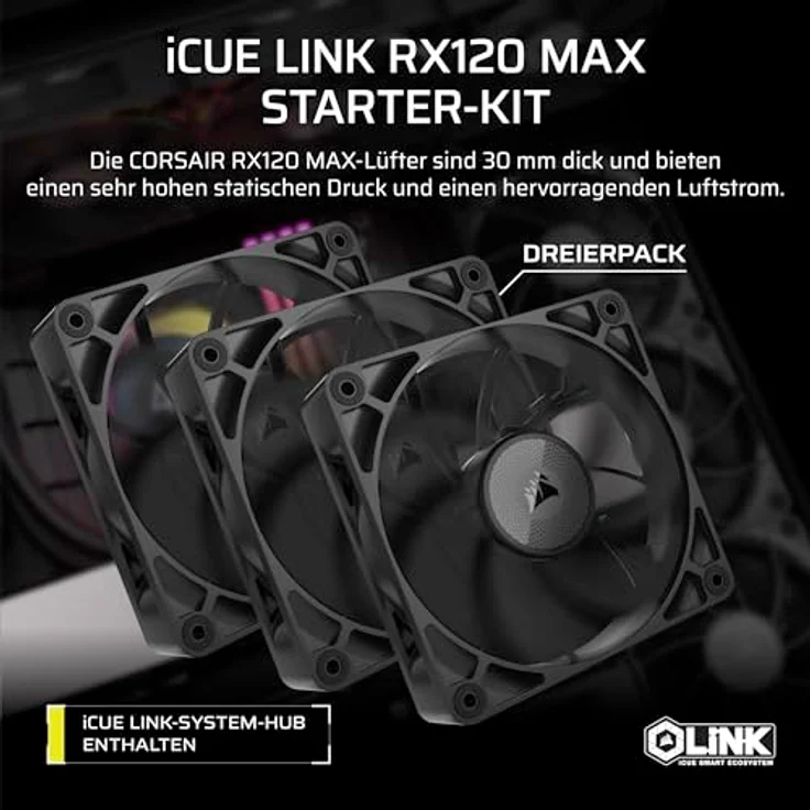 Corsair iCUE LINK RX120 MAX 120mm PWM Dicker Lüfter - Hochstatischer Druck - Liquid Crystal Polymer - Dreierpack - Schwarz – Bild 2