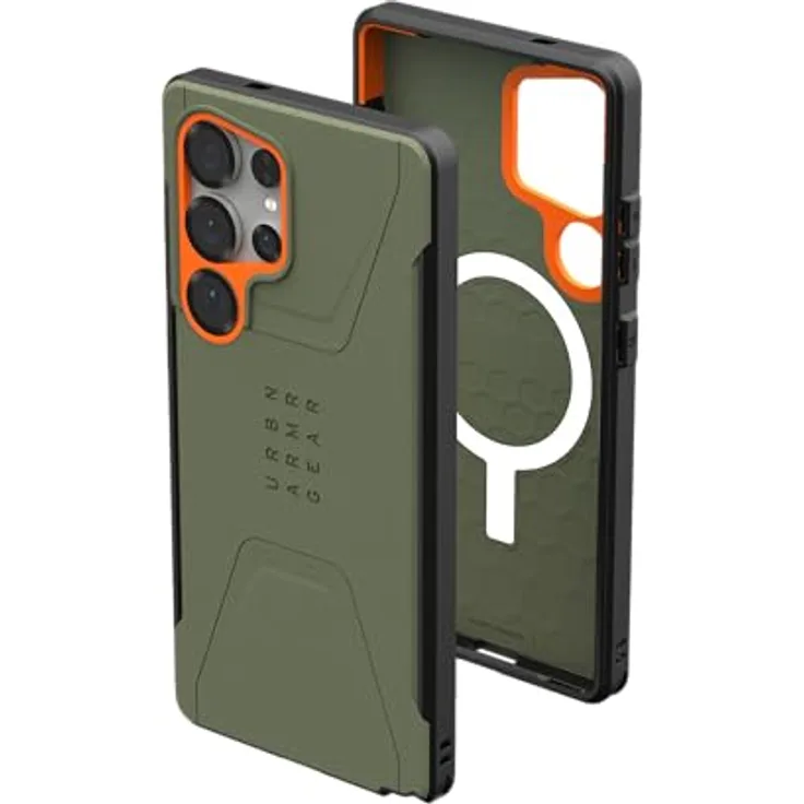 URBAN ARMOR GEAR Civilian Case Samsung Galaxy S25 Ultra Hülle (Designed for Samsung zertifiziert, Sturzfest, Wireless Charging, olive drab / orange)