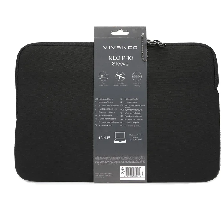 Vivanco NEO PRO Notebook Sleeve für 13-14" Geräte, Neopren, schwarz, Wasserabweisend und robust