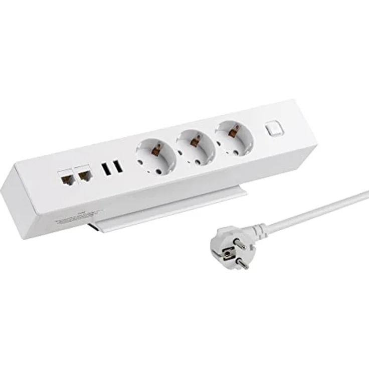 maxtrack Tischsteckdose NV63L 3-Fach Schutzkontakt mit 2X USB und 2X LAN Anschluss, Mehrfachsteckdose für Zuhause mit Tischbefestigung, Knopf zum EIN- und Ausschalten, Steckdosenleiste mit 1,8m Kabel