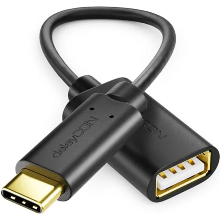 deleyCON Adapter USB C auf USB A - OTG, 0,2m Datenkabel mit 480 MBit/s, Schwarz, kompatibel mit iPhone 16 Pro Max, iPad Pro, MacBook, Galaxy S24/S23/S22 und mehr