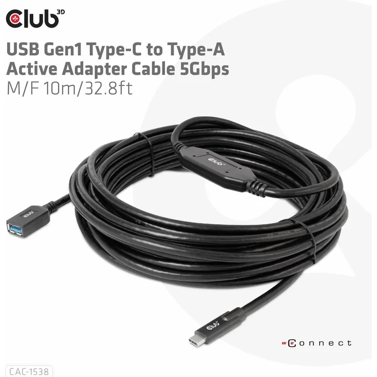 Club 3D CAC-1538, USB 3.2 Kabel Typ C auf Typ A, 10 m, SuperSpeed+ bis 5 Gbps, schwarz