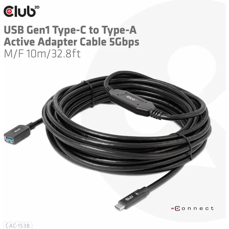 Club 3D CAC-1538, USB 3.2 Kabel Typ C auf Typ A, 10 m, SuperSpeed+ bis 5 Gbps, schwarz
