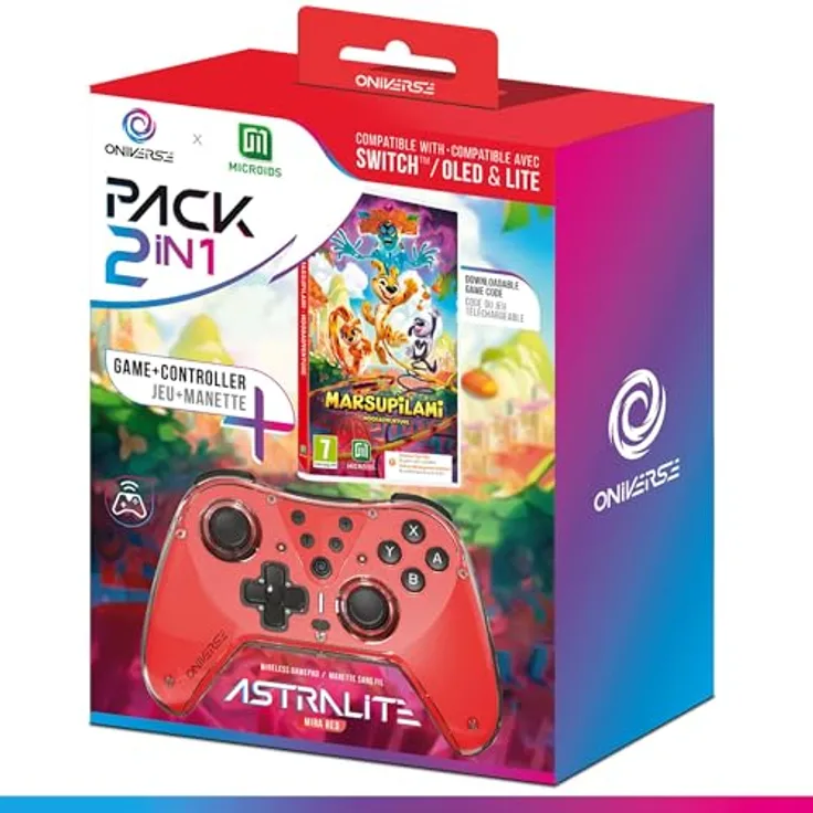 Oniverse Oniverse Pack 2 in 1 Switch-Controller + Spiel Marsupilami, kabelloser Controller mit Turbo-Modus, einstellbaren Vibrationen und 6-Achsen-Gyroskop, Astralite (Mira Red/Rot)
