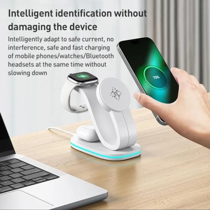 Wigento Universelle 3 in 1 Wireless Ladestation für Smartphone, Smartwatch und Kopfhörer, kompakt in Schwarz – Bild 7
