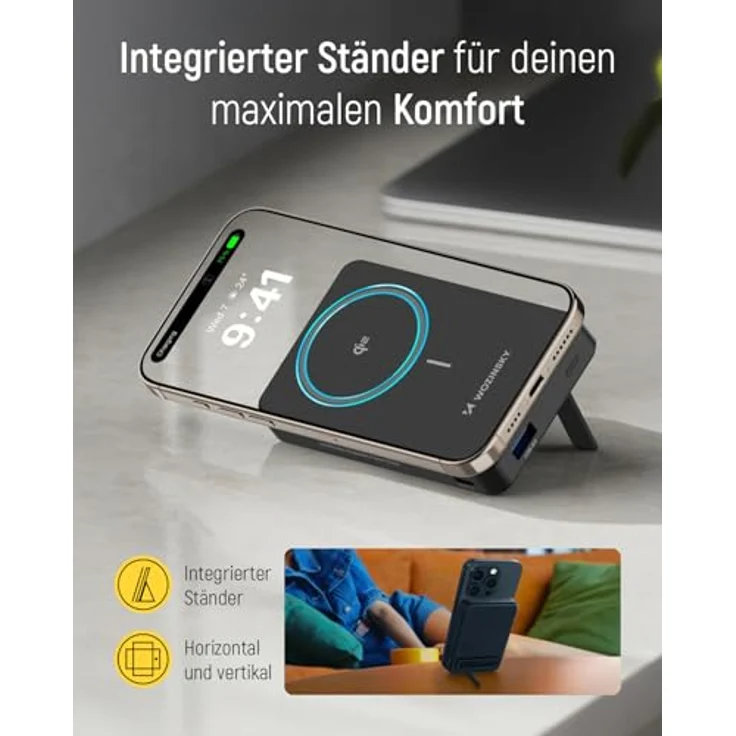 Wozinsky WLWP-10KA0Y3S Powerbank, 10000 mAh, 22,5W PD, Qi2, mit Ständer, Schwarz, 1x USB-A, 1x USB-C – Bild 5