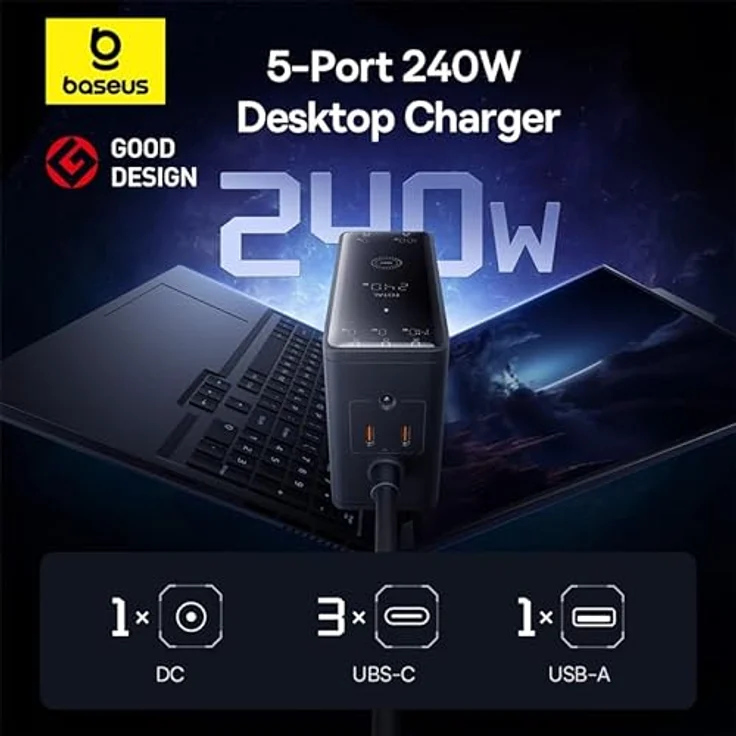 Baseus GaN Digital Charger, 240W Ladegerät mit 3x USB-C Anschlüssen und 1m Kabel in Schwarz – Bild 5