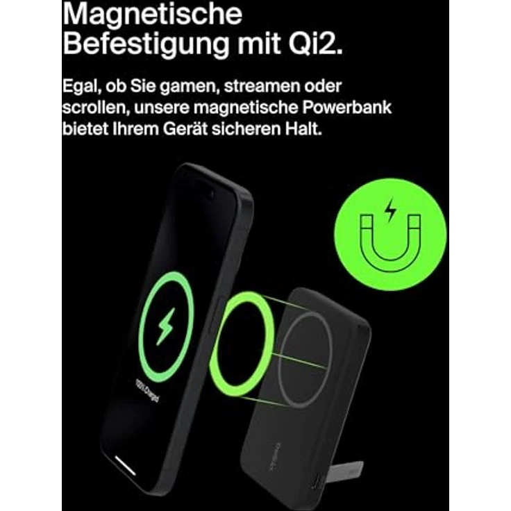 Belkin BoostCharge Pro, kabellose Powerbank 5000mAh mit Qi2, MagSafe-kompatibel, integrierter Ständer, passend für iPhone 16, 15, 14, 13, 12 – Schwarz – Bild 5