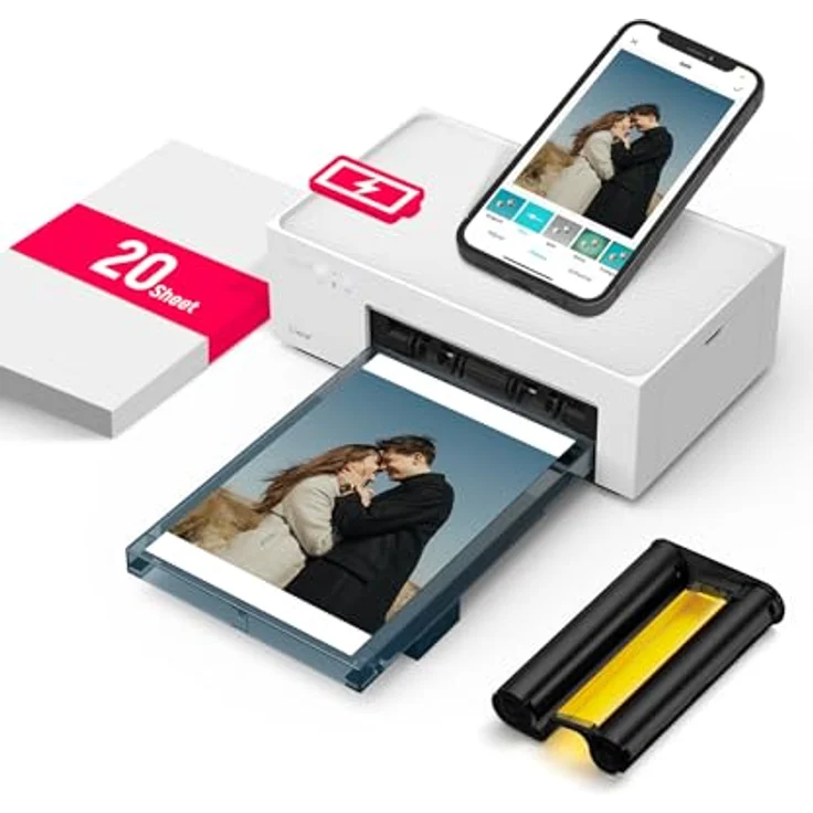 Liene Fotodrucker Smartphone mit Wiederaufladbarer Akku, WiFi, 10x15cm 20 Fotopapiers und 1 Patrone, 300DPI Farbsublimation Sofortbilddrucker, Handy Drucker für Reisen/Heimgebrauch, Weiß – Bild 1