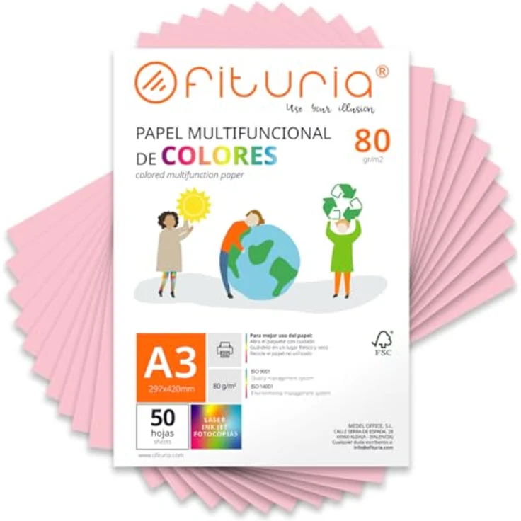 OFITURIA Buntes Papier, 50 Blatt A3 80g – Farbiges Papier für Drucker, Scrapbooking und Basteln – Hellrosa Farbbögen – Bild 1