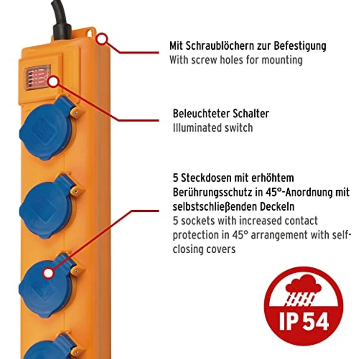 Brennenstuhl Super-Solid SL 544 D FI Steckdosenverteiler-Outdoor Steckdosenleiste (für den Baustelleneinsatz und den ständigen Einsatz im Freien, 5-fach, 5m Kabel, FI-Stecker, IP54) gelb – Bild 2