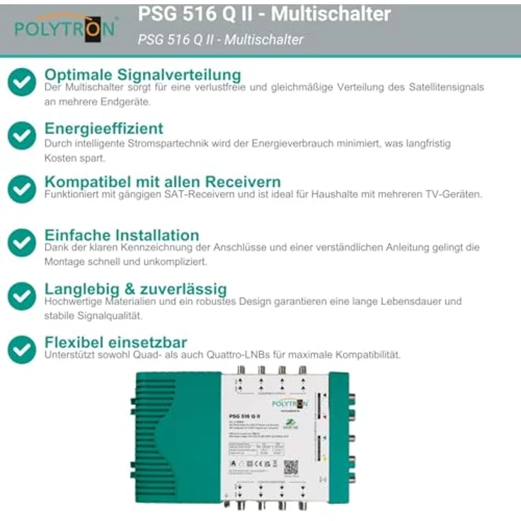 Polytron PSG 516 Q II, Multischalter für 1 Satelliten und bis zu 16 Teilnehmer, 4 SAT und 1 terrestrischer Eingang – Bild 4
