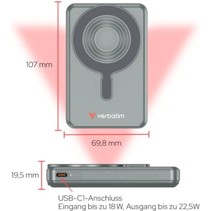 Verbatim Charge 'n' Go MagSafe Powerbank 10000mAh [GRAU], 15W kabelloses Laden, PD 22,5W Schnellladefunktion, klappbarer Standfuß für iPhone 17/16/15/14 Pro, inkl. 2 USB-C Kabel – Bild 4