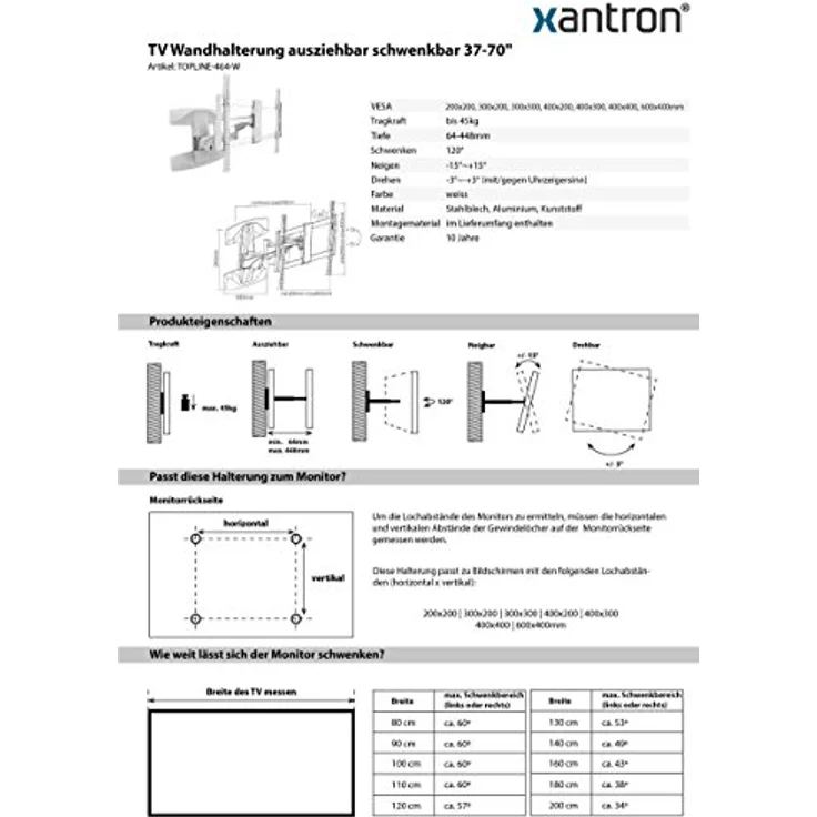 Xantron Wandhalterung Weiss für TV Monitore 37-70" vollbeweglich, ausziehbar, schwenkbar, neigbar, drehbar, ultraflach – Bild 3