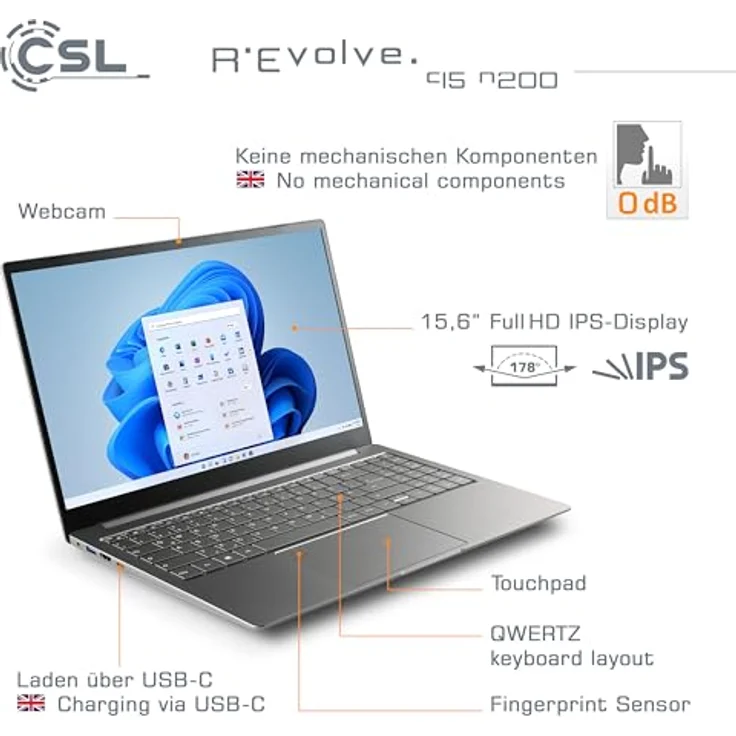 CSL-Computer Notebook CSL R'Evolve C15 v3 Windows 11 Pro - Ultra-Slim Laptop, 15,6 Zoll Display FHD 1920x1080 IPS, Intel N200 CPU 4x3700 MHz Turbotakt, 2000 GB M.2 SSD, 16 GB DDR4-RAM, USB 3.2, BT 5.1, AC WLAN - Mit eleganter Optik und leistungsstarker Ausstattung – Bild 3