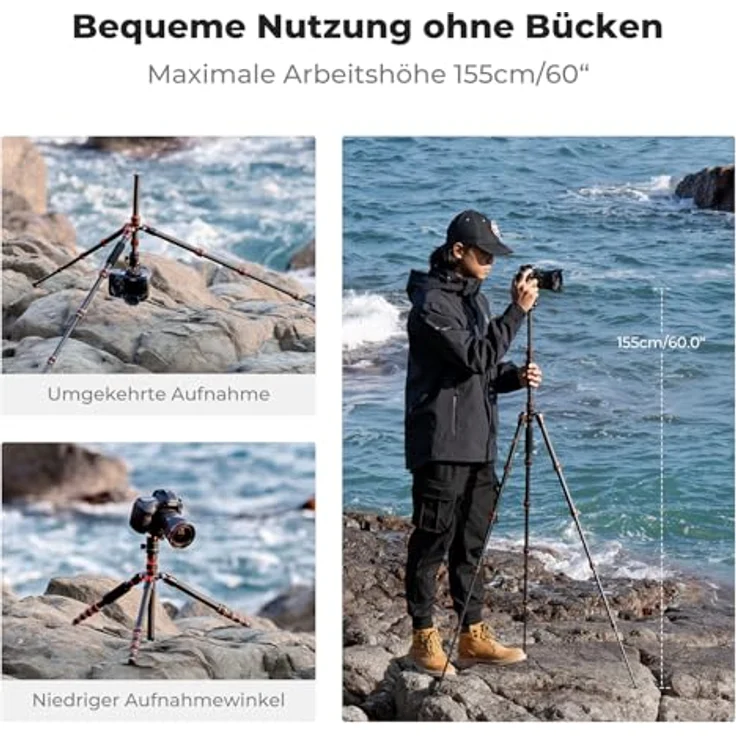 K&F CONCEPT BA255 Carbon Stativ, 152cm leichtes Tripod mit 360° Kugelkopf und 1/4" Gewinde, inkl. Tragtasche für DSLR Kameras, flexibel und einbeinstativfähig – Bild 5