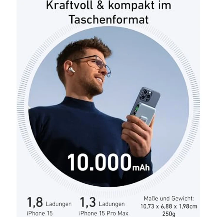 Anker MagGo Power Bank, Qi2-zertifiziertes 15W schnelles MagSafe-kompatibles mobiles Ladegerät, 10.000mAh Akku, Smartes Display & klappbarer Ständer, Für iPhone 15/14/13/12, Inkl. USB-C Kabel – Bild 4
