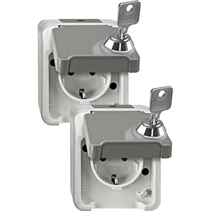 Schneider Electric Merten Aufputz Schuko-Steckdose Aquastar, abschließbar, IP44, lichtgrau, 2er Pack, Artikelnummer MEG2424-8029
