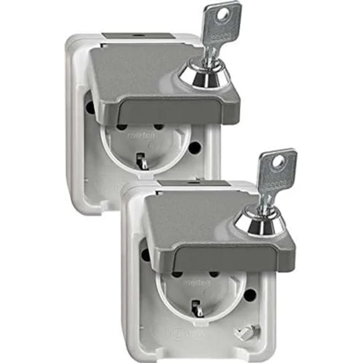 Schneider Electric Merten Aufputz Schuko-Steckdose Aquastar, abschließbar, IP44, lichtgrau, 2er Pack, Artikelnummer MEG2424-8029