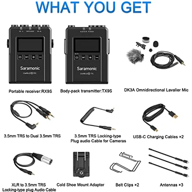 Saramonic UwMic9S Kit1 TX+RX, UHF-Drahtlos-Mikrofonsystem mit abnehmbaren Antennen und OLED-Display, inkl. DK3A Ansteckmikrofon – Bild 2
