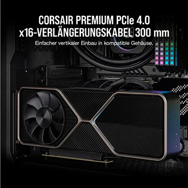 Corsair Premium-PCIe 4.0 x16-Verlängerungskabel, 300 mm, EMI-geschirmt, 90° weiblicher PCIe-Anschluss, abwärtskompatibel mit PCIe 3.0-Systemen, Schwarz – Bild 2