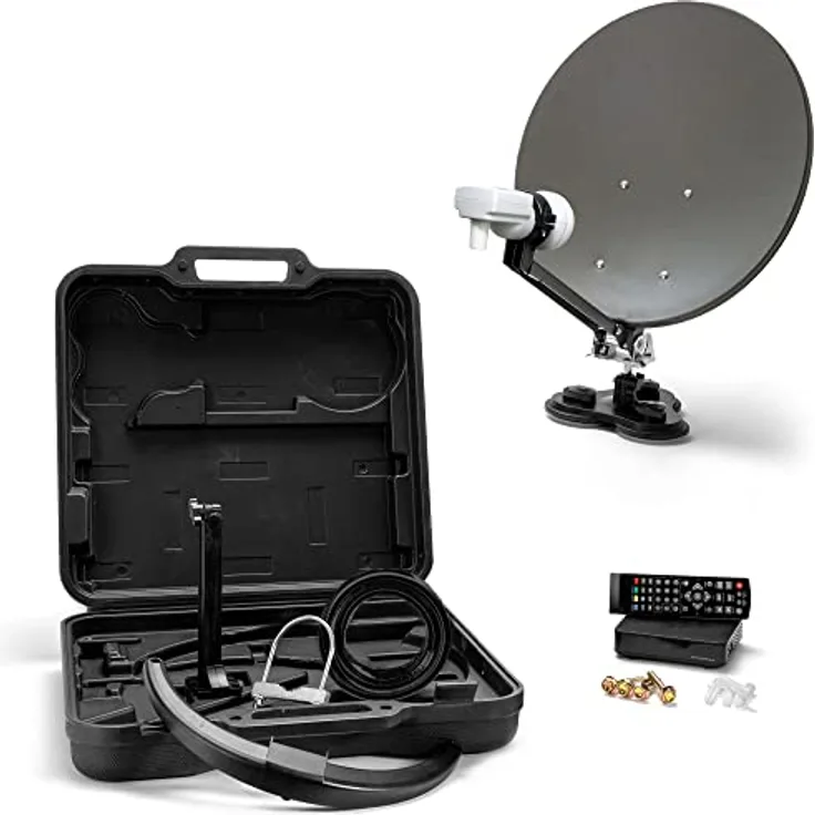 Xoro 38,5 cm Camping Satellitenantenne MCA 38 HD Set, inkl. FullHD DVB-S2 Receiver, Single LNB mit integriertem Satfinder, 10m Kabel, Halterungen, im Hartschalenkoffer, Stahlspiegel 38,5 cm, Masthalterung und Zubehörset