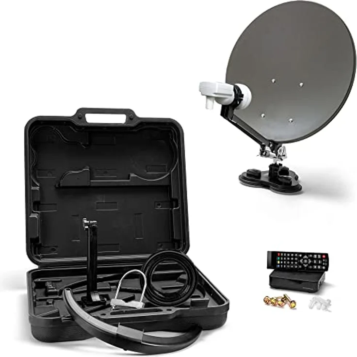 Xoro 38,5 cm Camping Satellitenantenne MCA 38 HD Set, inkl. FullHD DVB-S2 Receiver, Single LNB mit integriertem Satfinder, 10m Kabel, Halterungen, im Hartschalenkoffer, Stahlspiegel 38,5 cm, Masthalterung und Zubehörset – Bild 1