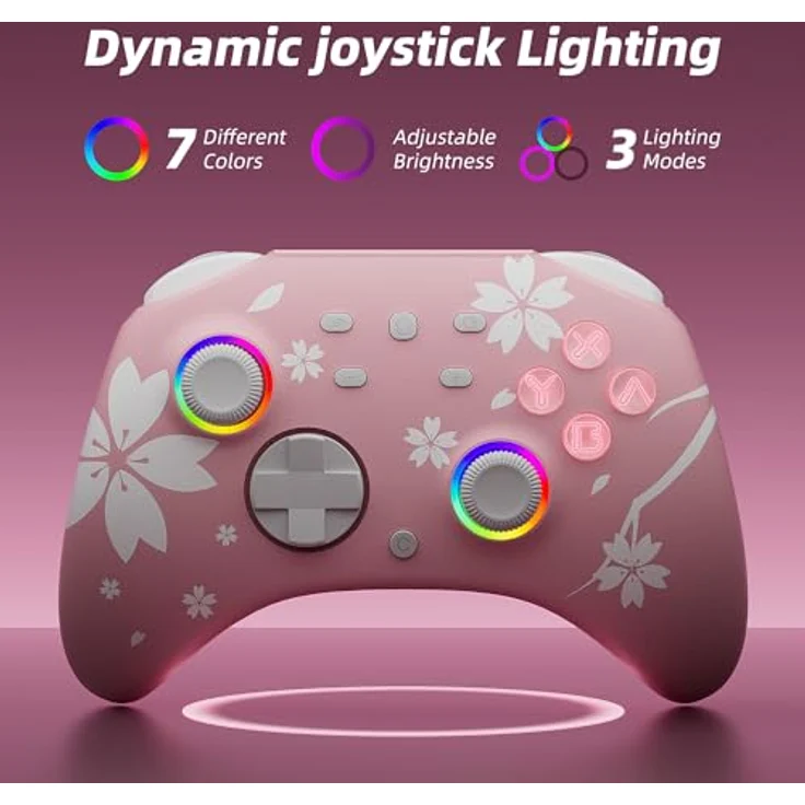 Mytrix Wireless Controller für Switch/Switch 2/Switch OLED, Pro Controller mit Turbo, Bewegungskontrolle, LED-Lichtern, 3,5-mm-Audioanschluss, rosa Sakura – Bild 2