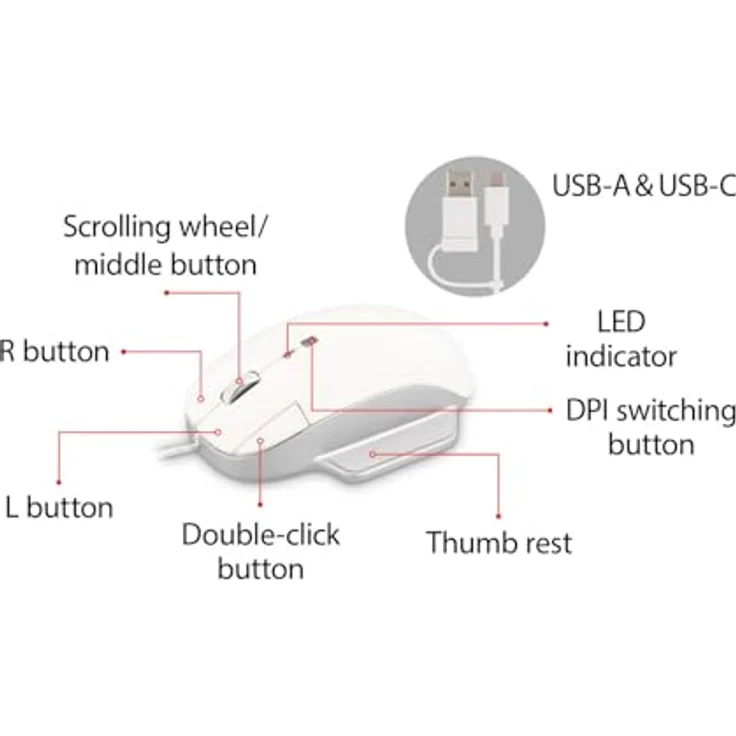 LMP Elite Pro Mouse Ergonomische 3-Tasten-Maus mit 2-in-1-Kabel USB-C und USB-A – Silber und Weiß – Bild 5