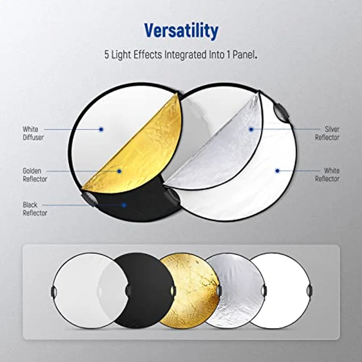 NEEWER 32"/80cm Lichtreflektor 5 in 1 mit Handgriff, Diffusor und reflektierenden Oberflächen in Durchscheinend/Silber/Gold/Weiß/Schwarz für Fotobeleuchtung und Außenbeleuchtung – Bild 5