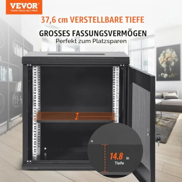 VEVOR 12U Netzwerk-Serverschrank zur Wandmontage, 14,8 Zoll tief, max. 200 lbs Tragfähigkeit, mit abschließbarer Glastür und Lüftungsschlitzen für IT- und A/V-Geräte – Bild 2